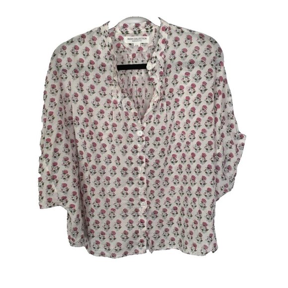 Emerson Fry Mandarin Collar Top Rosey Flowers Organic Cotton Made in India O/S - Picture 6 of 16
